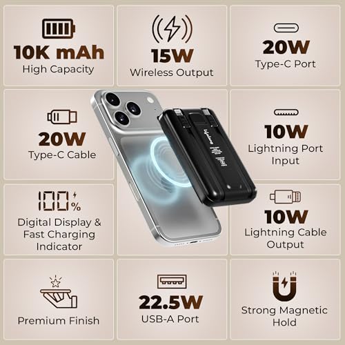 Image of Lifelong Electronics 10000mAh MagSafe Wireless Power Bank | 2 Cables - Lightning & Type C - for Wired Fast Charging | Powerbank for iPhone, iWatch and All Qi Enabled Phones & Devices | Display & Stand