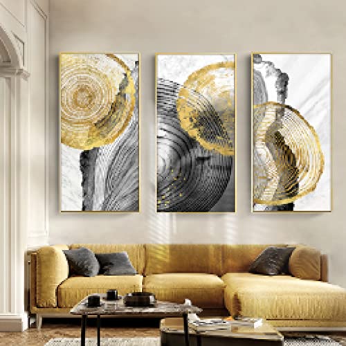 Abstrait doré anneau annuel art mur toile salon luxe triptyque