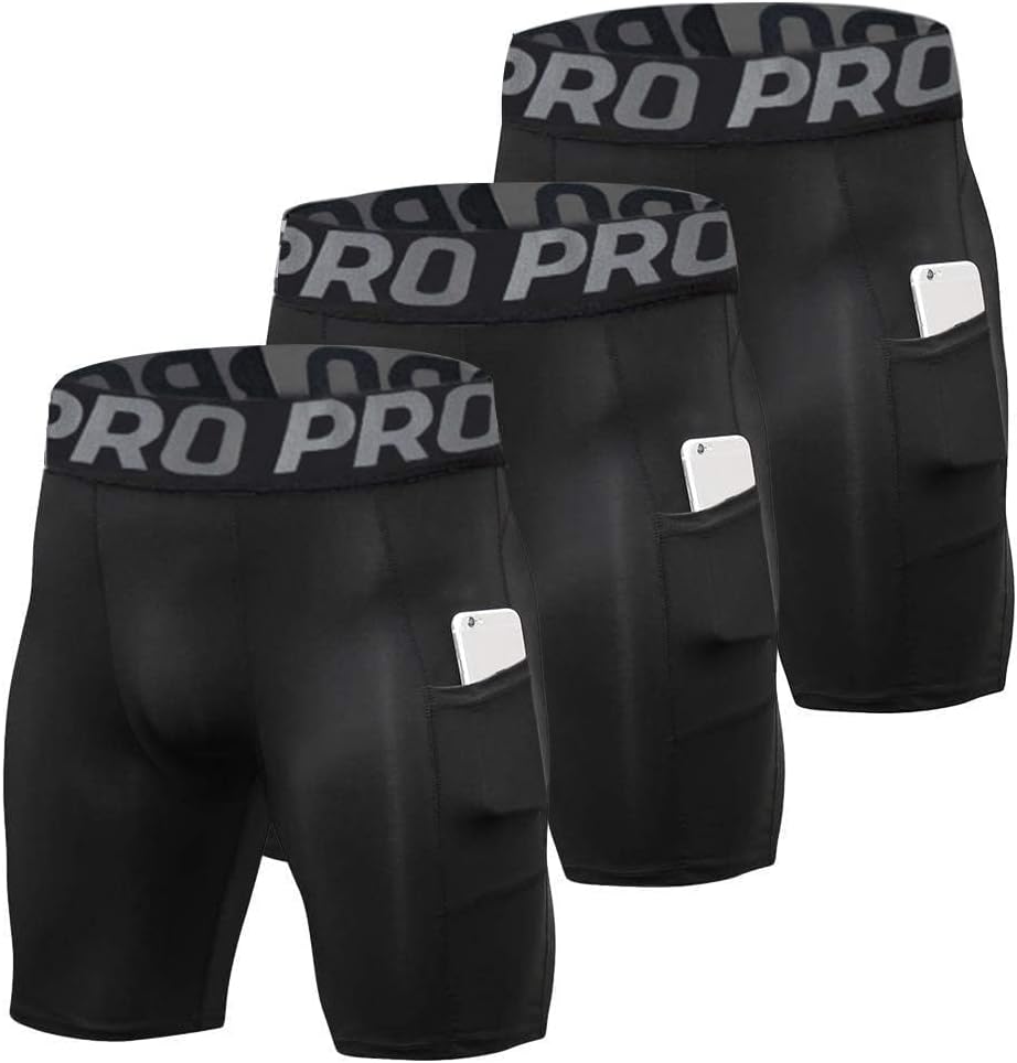Compression Shorts Mens 3 Pack or 1 Pack Sports Anti-Chafing Underwear Base Layer Shorts Quick Dry Running Shorts with Phone Pockets Cycling Tights for Workout Athletic Rugby Short Protect Leg Skin