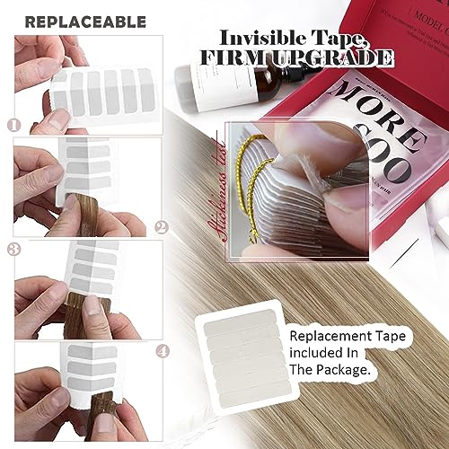 Moresoo Tape in Hair Extensions Human Hair Balayage 16 Inch Human Hair Tape in Extensions Brown Root Ombre Light Brown with Medium Blonde Real Remy Straight Hair 20 Pieces/50g #3/8/22 - Image 4