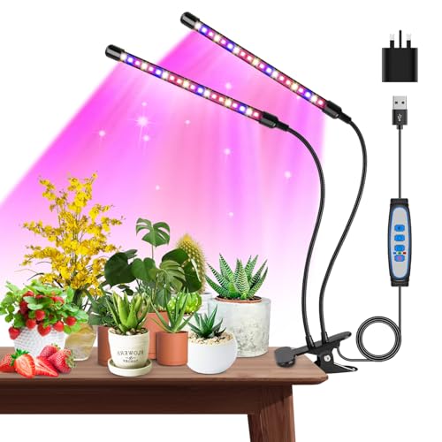 Garpsen Grow Lights for Indoor Plants, 40 LEDs Full Spectrum Led Grow Light, 2 Heads Clip Plant Light for Seedings, with Auto ON/Off 6/12/16H Timer, 5 Dimmable Levels (460nm/660nm/3000K)