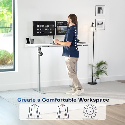 Image of VIVO White 60 x 30 in Standing Desk, DESK-KIT-1G6-P3W | Electric, Holds 220 lbs, Sit Stand, Height Adjustable, Cable Tray, Full-Size Mouse Pad, Office Furniture, Gray Frame