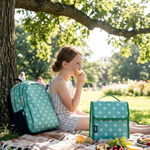 Image of Wildkin Insulated Lunch Bag for Kids, Daisy | 10 x 8.5 x 5 in insulated fold-flat lunch bag with touch closure, sturdy carry handle and wipe-clean lining.
