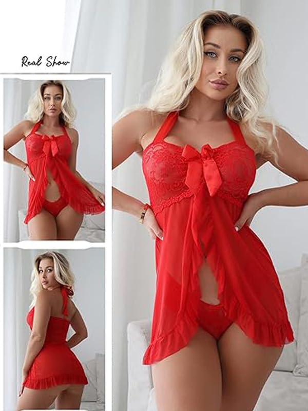 Image of Love Maker Lingerie for Women Lace Babydoll Mesh Chemise Boudoir Nightwear Sexy Nightgown Wedding Nighty Bridal Nightdress, Transparent Net Nighty for Sexy Women Lace Babydoll Lingerie for Honeymoon. Small to 2XL