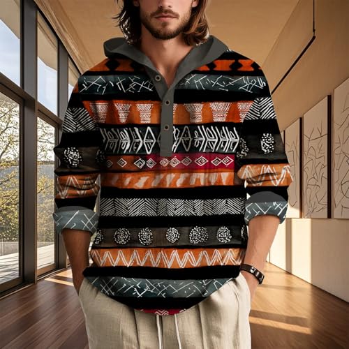 Mens Hoodie Shirts Tribal Aztec Print Vintage Ethnic Button Up Henley Neck Casual Loose Fit Fall Pullover Sweatshirt2