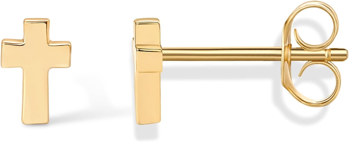 PAVOI 14K Gold Plated 925 Sterling Silver Cubic Zirconia Cross Stud Earrings for Women - Small Faith Religious Huggies