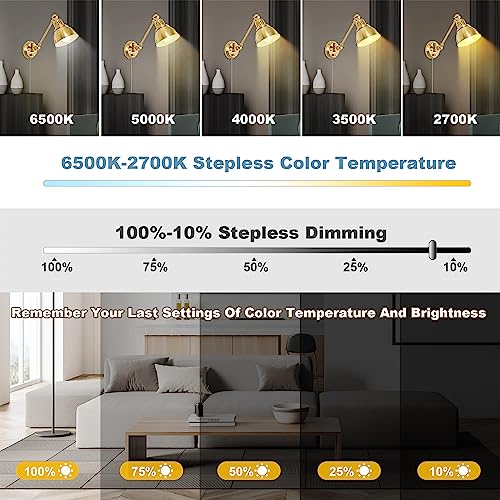 Image of GOODATE Plug in Wall Sconces Set of Two with Remote, Stepless Colors 2700K-6500K & Stepless Dimming, Premium Golden Finish, Plug in Wall Light with Night Light & Timer, LED Bulbs Included