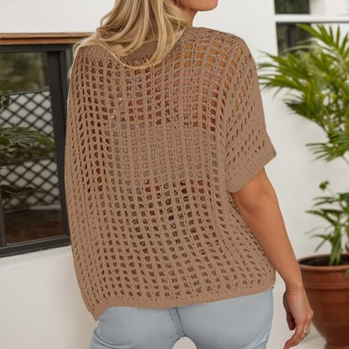 Häkelpullover Damen Schulterfrei Häkel Netzoberteil Oversize Pullover Schräger Kragen Sandstrand Locker Häkeltop Cover Up Sommer Outfits Kurzarm Leicht Sommerpullover Netzpullover-2