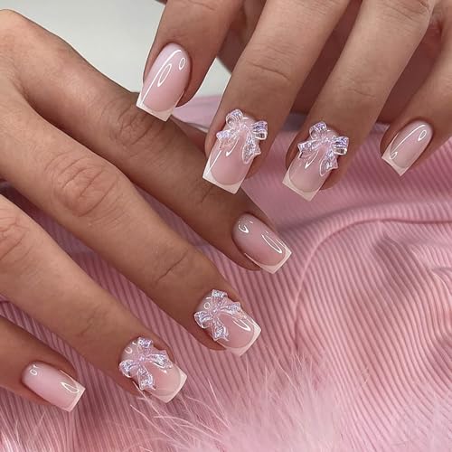 Acrylic Press on Nails Short Square RIICFDD French Fake Nails Pink Press on Nail with Bow Nail Charms Designs Spring Summer False Nails Glossy Full Cover Stick on Nails for Women Girls 24 Pcs