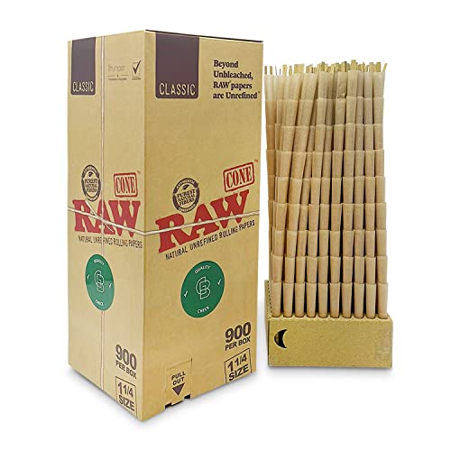 RAW Cones Classic 1 1/4 Size: Box of 900 - Pre Rolled Rawthentic Cones Rolling Papers & Tips, 84mm, All Natural, Green Blazer Sticker