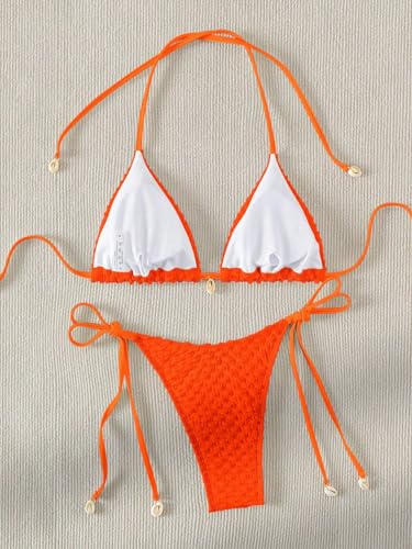 Verdusa Women's 2 Piece Triangle Bathing Suit Halter Tops Tie Side Thong Bikini Swimsuits2