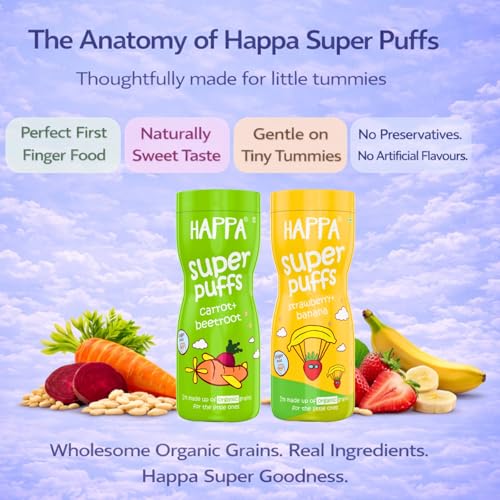 Image of Happa Carrot Beetroot and Strawberry Banana Baby Puffs | Melt-in-the-Mouth Finger Food for Babies | Supports Self-Feeding & Baby-Led Weaning | No Artificial Flavours or Colours | Stage 2 (8 Months+) | Pack of 2 (40g Each)