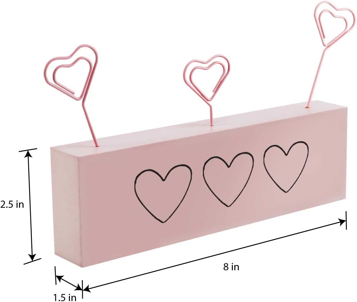 Rae Dunn Photo Holder Picture Display - Multiple Picture Holder for Desk, Table, Cubicle Shelf, Windowsill, Mantle - Cute Heart Shaped Wire Clips in a Decorative Wooden Block Stand - Pink with Hearts