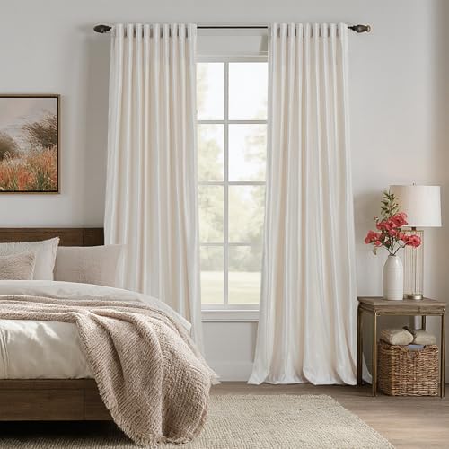 Image of Off White Curtains 102 inch Long for Living Room, Set of 2 Panels Liner Rod Pocket Back Tab Thermal Window Drapes Room Darkening Heavy Decorative Curtains for Bedroom