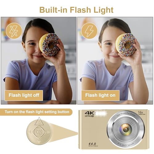 Image of Digital Camera, 2026 FHD 4K Autofocus Digital Camera with 64GB SD Card 16X Digital Zoom, Gold Cameras for Photography Portable Compact Point and Shoot Camera for Teens Adult Kids Gift