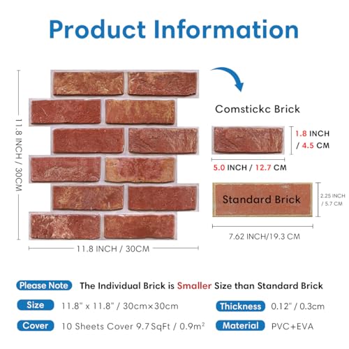 COMSTICKC 3D Faux Red Brick Wall Panel Peel and Stick,10 Pcs 12"X12", Small Brick, Ultra-Light Thin PVC Decorative Tile Wall Sticker, Designed for Quick DIY Wall Upgrades Indoor by COMSTICKC - Used condition - Image 4