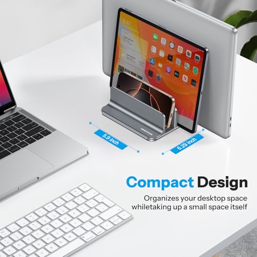 Image of OMOTON Vertical Laptop Stand [Updated 3-Slots Version], Desktop Aluminum Mac Book Stand with Adjustable Dock Size, Fits All Mac Book, Surface, Chrome Book and Gaming Laptops (Up to 17.3 inch), Grey