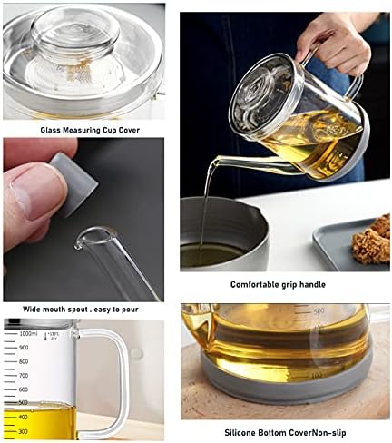 Gravy Fat Separator,1000ML Transparent Heat Resistant Glassware and Cover,with Stainless Steel Strainer,Silicone Bottom Cover and Stopper,