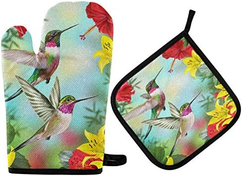 Birds Hummingbirds Oven Mitts and Pot Holders Sets Heat Resistant Non Slip Spring Flowers Poppy Oven Gloves Hot Pads Insulated Washable for Cooking Baking BBQ Decorative Kitchen Gift
