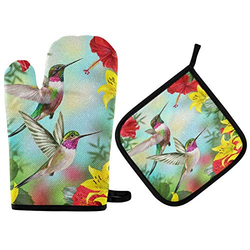 Birds Hummingbirds Oven Mitts And Pot Holders Sets Heat Resistant Non Slip Spring Flowers Poppy Oven Gloves Hot Pads Insulated Washable For Cooking Baking Bbq Decorative Kitchen Gift #TOP3
