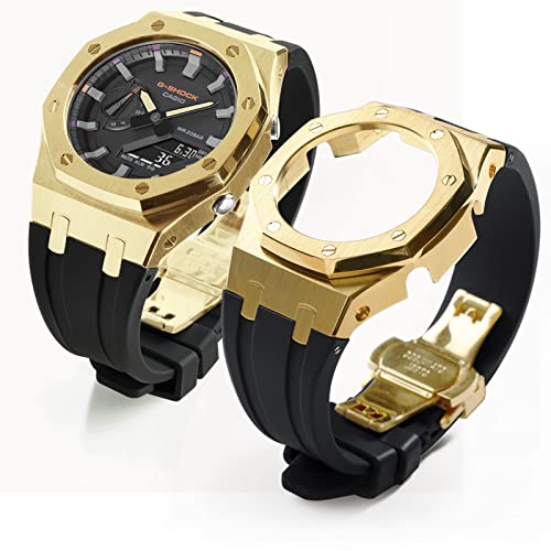 Image of GA2100 Stainless Steel Watch Case with Metal Watchband and Rubber Strap Mod Kit - Compatible with GA-2100 /GA-2110 /GA-B2100 Series - Watch Part Replacement