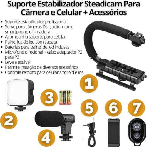 Suporte Estabilizar Camera Celular Com Luz Led Microfone e Controle