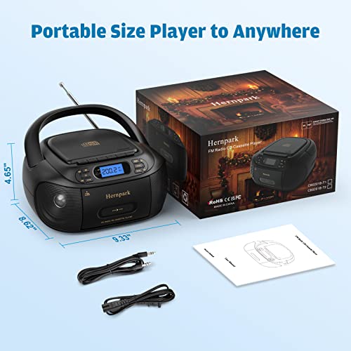 Portable Cd Player With Bluetooth, Hernpark Rechargeable Boombox Cd Cassette Player Combo With Fm Radio Built-In Stereo Sound System/Super Bass/Aux Input/Usb Playback/Headphone Jack Output #TOP5