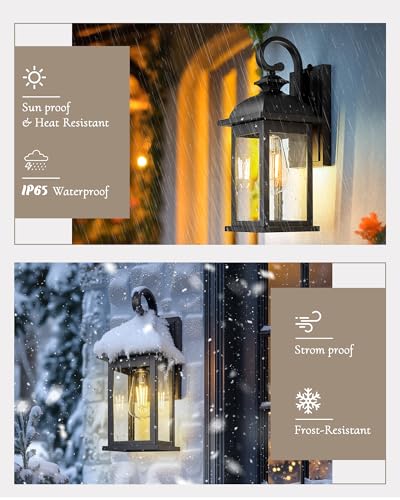 Image of FEMILA Dusk to Dawn Outdoor Wall Sconce, 15 inch Matte Black Seeded Glass Outdoor Sconce Lights, Front Porch Light Fixtures Wall Mount, Garage Lights for Patio, Entryway, Garden, 4FD54B-PC BK