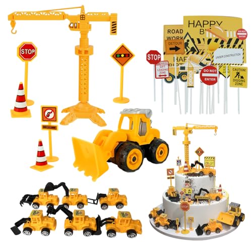 UtenTol 49 Stück Bagger Geburtstag deko Bagger Tortendeko mit Baufahrzeug Tortendeko Bagger Kuchen deko Geburtstag Bagger tortendeko Verkehrsschilder Torte Kuchen Deko Cake Topper (Bulldozers-WJJ)
