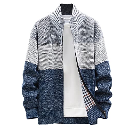 Mens Sweater Cardigan Zip Up Cable Knit Stand Collar Sweater Coat Regular Fit Fleece Lined Winter Warm Knitwear