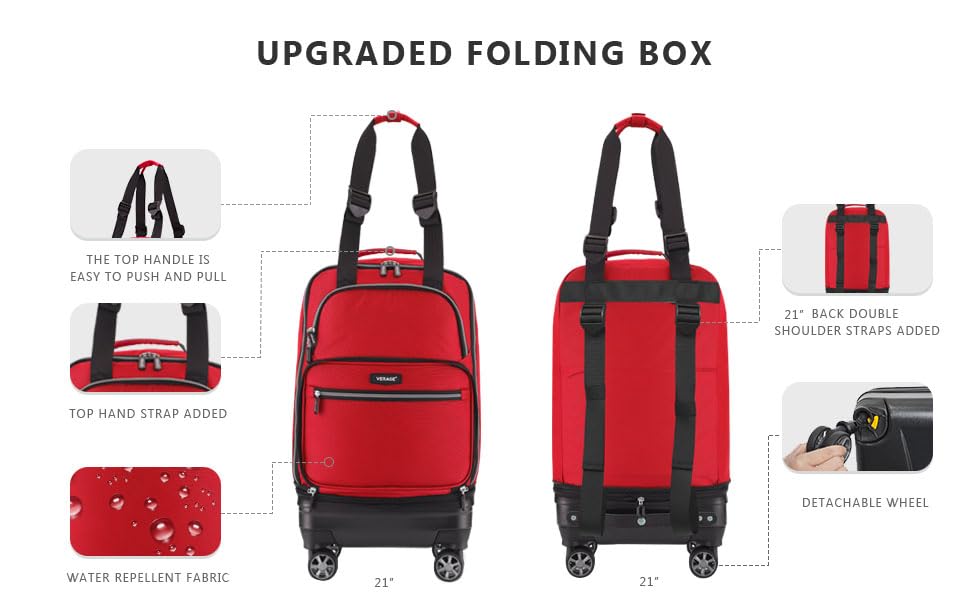Image of Verage Luxe Expandable Foldable Luggage Bag Collapsible Rolling Travel Bag Lightweight Larger Suitcase with Detachable Spinner Wheels (Upgrde 21 Inch Expands into 24 Inch, Red)