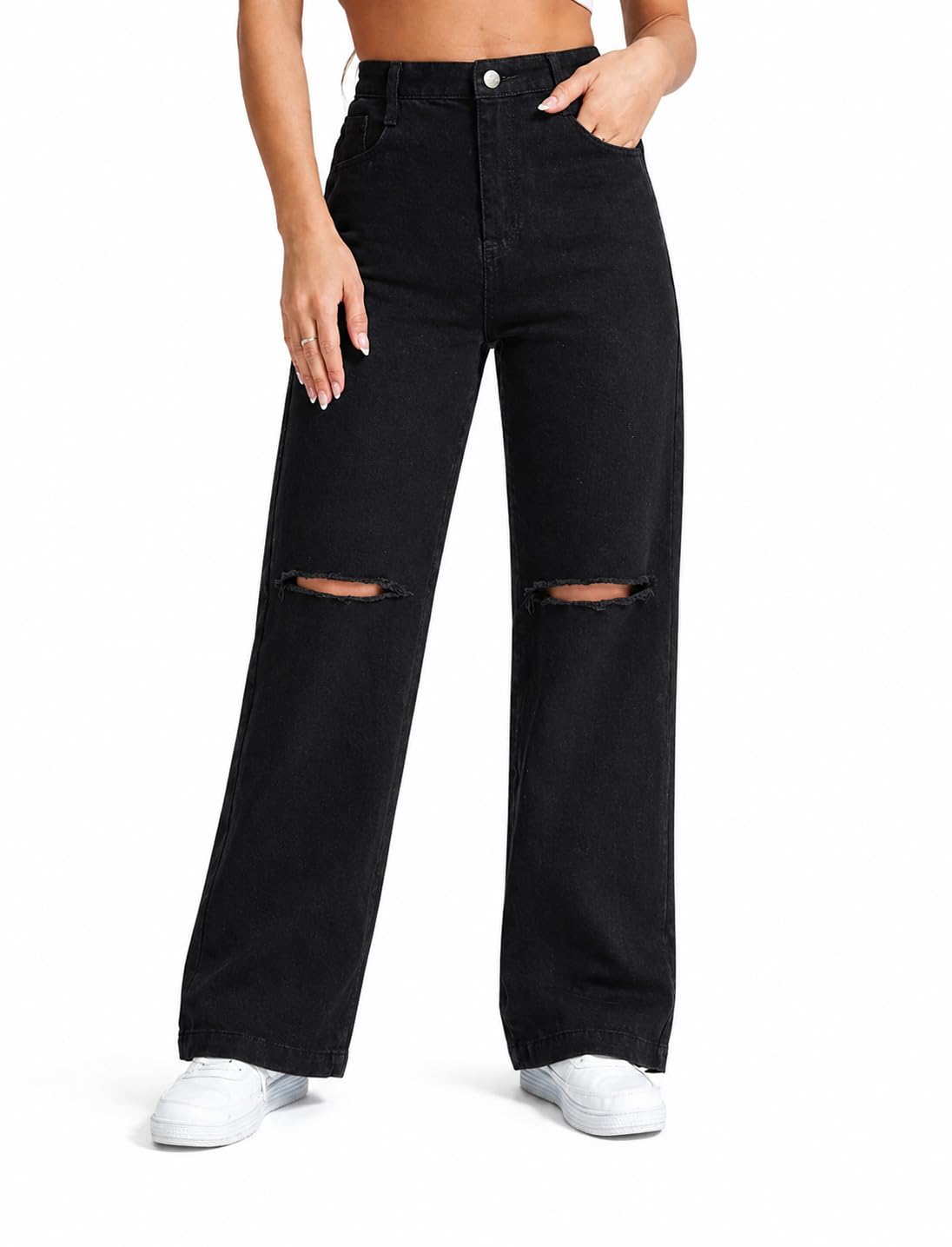 Buy O'Mine Women's High-Waist Ripped Knee Wide Leg Black Denim