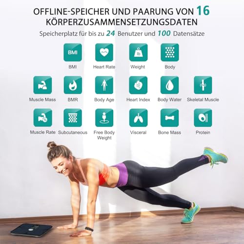 ABLEGRID Wiederaufladbar Körperfettwaage, LED Personenwaage Digital Mit Körperfett Und Muskelmasse Körperfettanalyse, 16 Messungen Der Körperzusammensetzung BMI, Herzfrequenz, 180kg, Schwarz 3