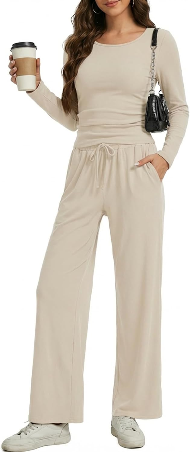 Women’s 2 Piece Lounge Set – Long Sleeve Ruched Top & Wide Leg Pants, Casual Matchi...