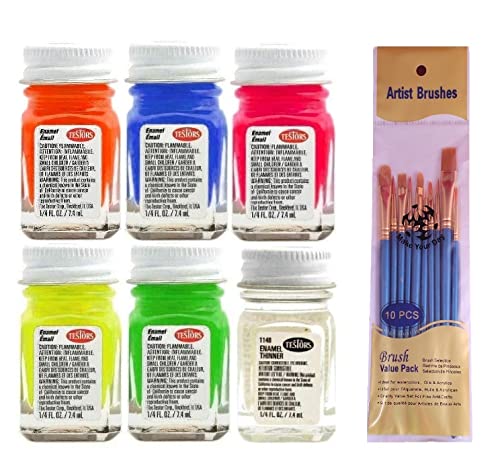 Testors Fluorescent Enamel Paint Variety, Orange, Yellow, Blue, Pink, Green, and Thinner 1 4 oz (Pack of 11) - with Make Your Day Paintbrushes
