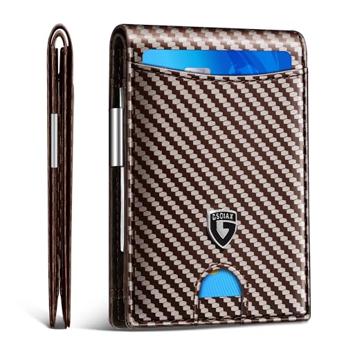 GSOIAX Slim Wallet for Men with Money Clip, Minimalist Leather RFID Blocking Bifold Small Thin Front Pocket Carbon Fiber Men's Wallet,11 Credit Card Slots Holder with Gift Box (Carbon Coffee)