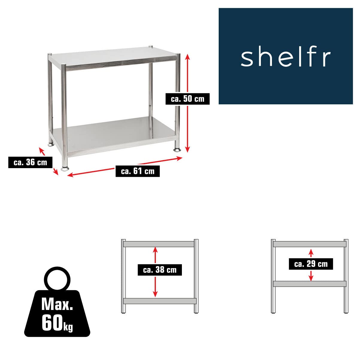 shelfr Edelstahl Regal bis 60kg - 2 Ebenen Schwerlastregal Küche 61x36x50 - Metallregal Stahlregal Lastenregal 36 cm tief - Standregal Lagerregal Vorratsregal für Abstellraum Speisekammer Kellerregal