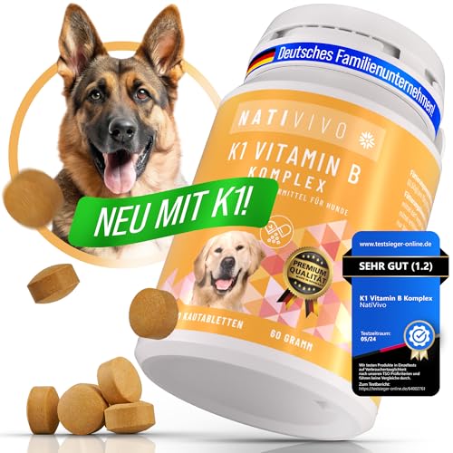 NatiVivo K1 Vitamin B Komplex Hund – hochdosierte Hunde Vitamine mit Vitamin B1, B12 & Folsäure Vitamine für Grosse Hunde  15 kg 120 Premium Tabletten Nicht teilbar Made in Germany