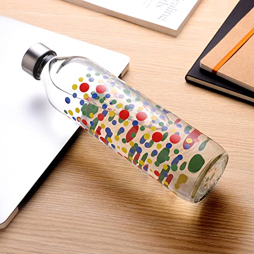 Image of SAND DUNE Set of 6, 800 ml Each Polka Dots Printed Glass water bottle, with Leak-Proof Airtight Stainless-Steel Lid for Water, Smoothie, Juices - Reusable Travel Glass Drinking Fridge Bottles