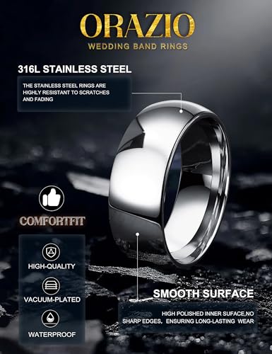 Image of ORAZIO Stainless Steel Rings for Men Women 6MM 8MM Wedding Band Rings Silver /Black /Gold Domed High Polished Basic Wedding Bands Comfort Fit Size 6-14