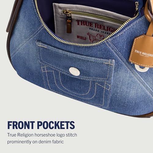 Image of True Religion Women's Shoulder Bag Purse, Medium Hobo Handbag with Front Pocket, Denim