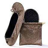 Women's Foldable Portable Travel Ballet Flat Roll Up Slipper Shoes (Medium, Bronze - Sparkle)