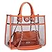 Large Clear Tote Bag PVC Top Handle Shoulder Bag 2 Pieces Set With Turn Lock Closure (Orange)