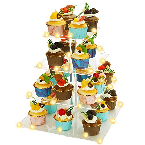 Cake Stand, 4 Tier Cupcake Stand,Square Cupcake Holder, Cupcake Display Stand,Acrylic Cake Stand Dessert Tower Serving Platter For Party Thanksgiving Christmas(Yellow Lights) Brittany #TOP21