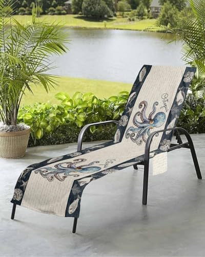 Nautical Coastal Octopus Beach Chair Towel Covers for Chaise Lounge with Side Pocket, Soft Plush Pool Towels Cover for Patio Sunbathing Outdoor Tropical Fish Shell Starfish 29''x85''