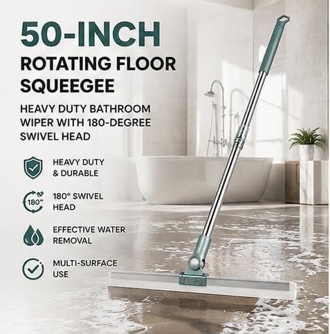 Image of MIKENZO Silicone Floor Wiper with 180 Rotating Head | Adjustable Long Handle | Heavy Duty Bathroom Floor Cleaner | Multipurpose Water Wiper for Tiles, Marble, Glass, Kitchen & Home Cleaning