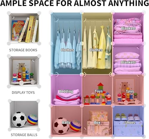 Image of 12 Door Baby Foldable Wardrobe for Clothes Storage, Kids Almirah for Clothes, Baby Cupboard for Clothes Storage Collapsible Wardrobe for Kids Clothes /Toys /Books-Pink-Cartoon KTD1