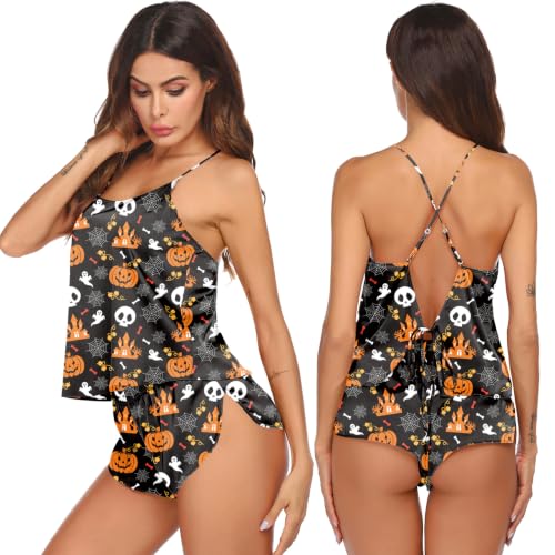 Image of Ekouaer Silk Pajamas Set for Women Satin Backless Lingerie Pjs Cami Top and Shorts Nightwear
