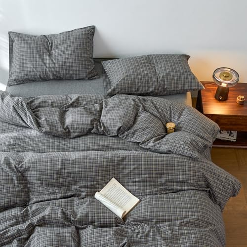 Image of EAVD Vintage Style Grey Plaid Gingham Duvet Cover Twin 100% Washed Cotton Like Linen Feel Soft Grid Plaid Bedding Set with 2 Pillowcases Farmhouse Grid Geometric Pattern Duvet Cover with Zipper