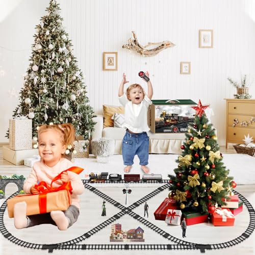 Image of Train Set for Kids Remote Control Train Toys w /Steam Locomotive, Fuel Tank Car & Luxury Tracks, Electric Trains w /Realistic Smoke,Sounds & Lights, Christmas Birthday Gift for Boys Girls 3 4 5 6 7+